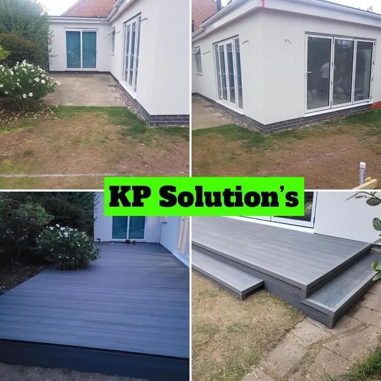 New tanalised frame finished with grey composite decking, trim and steps