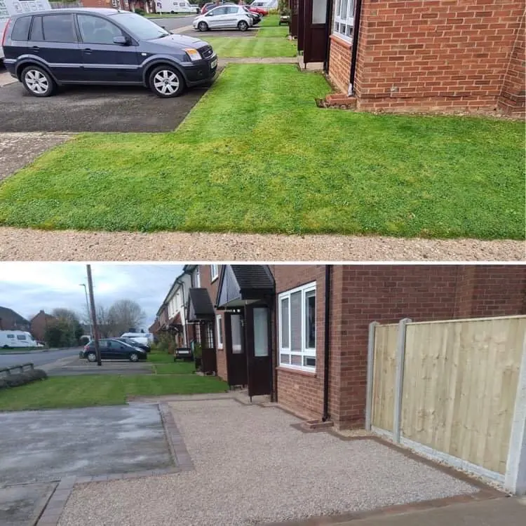 Front lawn turned into a gravel driveway with brick edging and a new fence