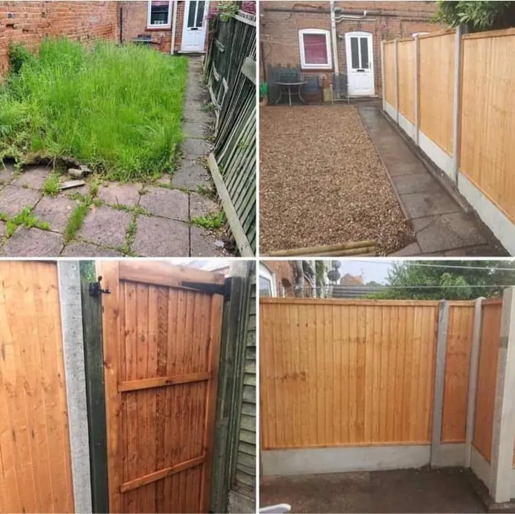 Overgrown yard cleared, gravelled and fenced, with a new gate