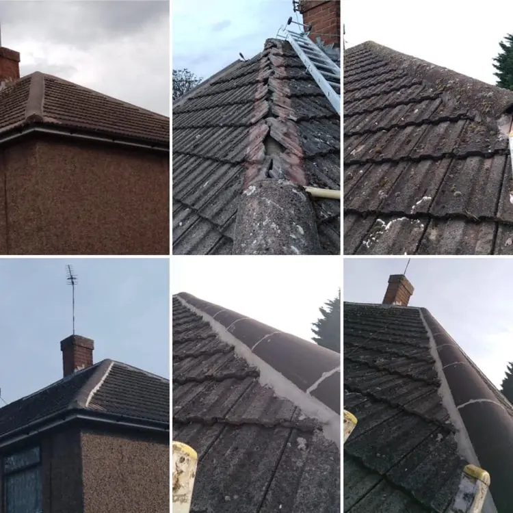Hip and ridge tiles on a bungalow roof, before and after